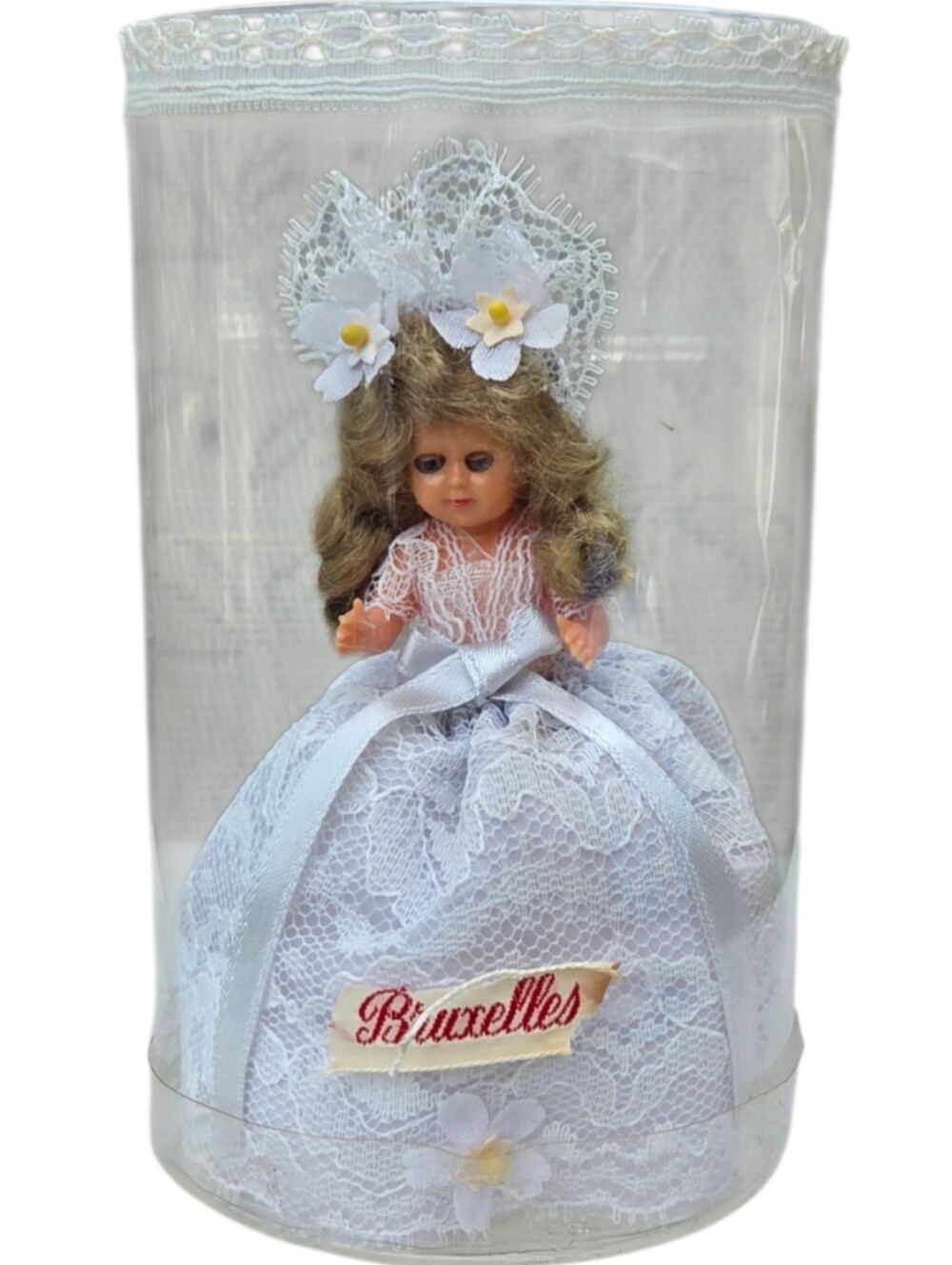 Vintage Bruxelles Lace Mini Doll in White Lace Dress. Eyes Close. Case Unopened.